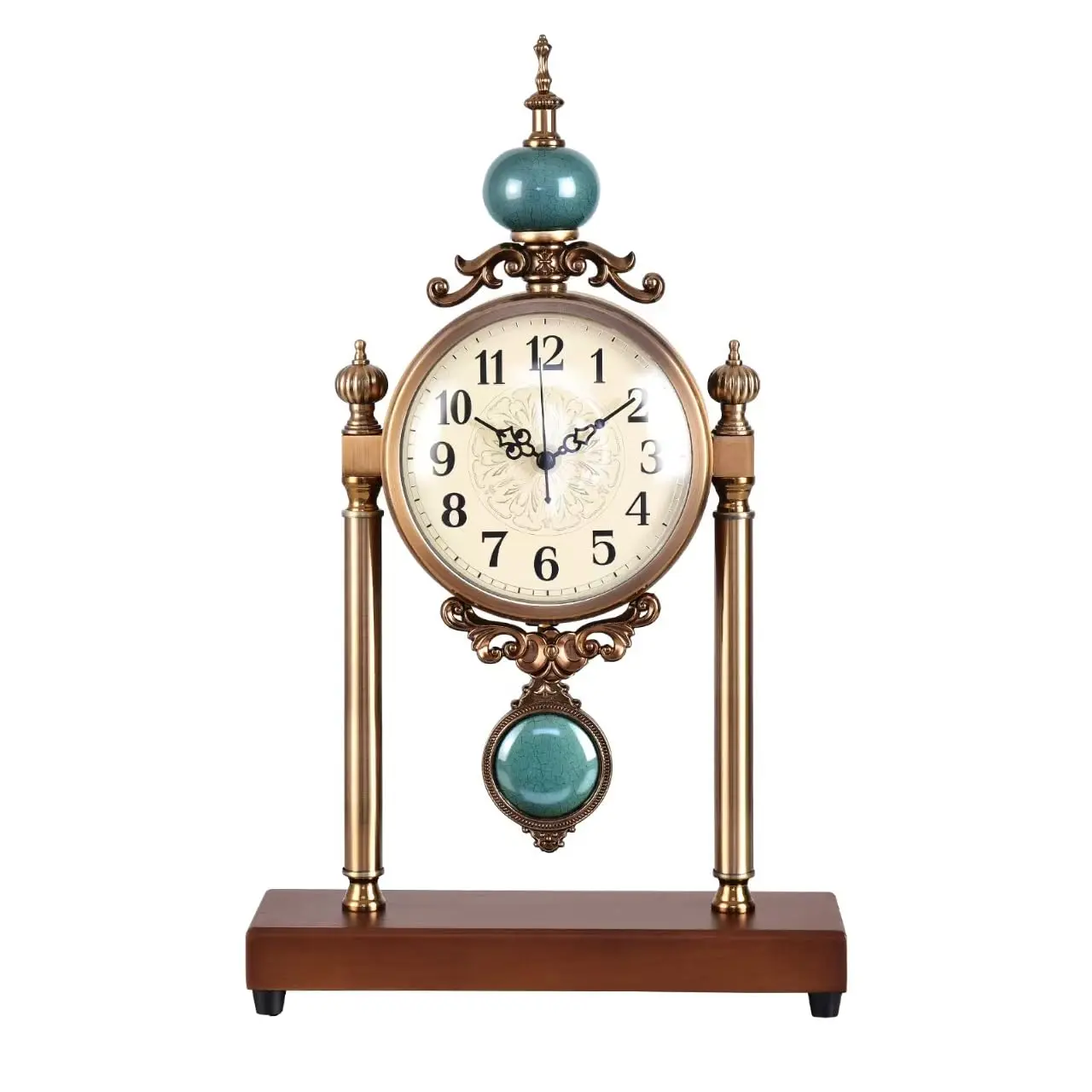 Vintage Mantel Clock, Silent Non-Ticking Table Clock with Pendulum, Luxury Metal & Wood Desk Clock for Living Room, Bedroom, Study Room Decor
