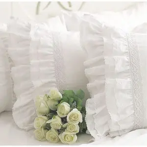 White Ruffle Pillow Shams Cotton Vintage Embroidery Lace Pillowcases King Size Set of 2