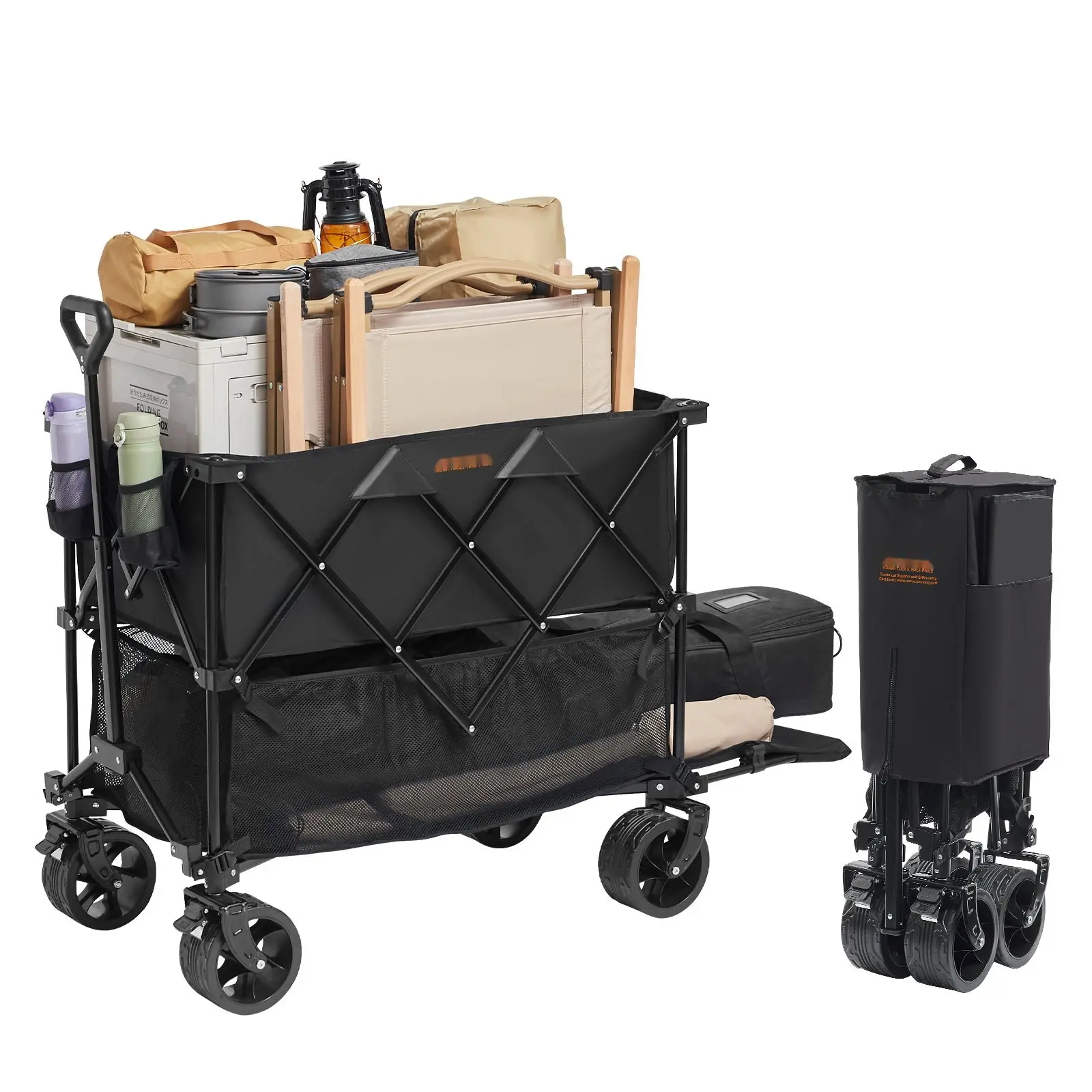 Foldable Double Decker Wagon Cart, 400L Collapsible Utility Wagon With All-Terrain Wheels, Heavy-Duty Folding Wagon, 350-450 lb Capacity, Ideal For Camping, Shopping, Garden, Beach, Outdoor, 52-Inch Long Extender