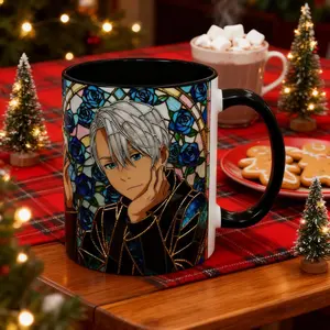 Anime Victor Coffee Mug, Faux Stained Glass Blue Rose Design, Anime Fan Gift (Flat Printed Design)