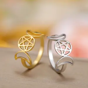 TEAMER Stainless Steel Triple Moon Goddess Ring Amulet Wicca Pentagram Ring Pagan Jewelry for Women