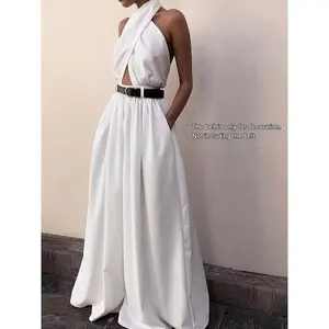 Elegant Black Crossbody Halter Neck Jumpsuit with Wide Legs - Sleeveless, Backless, Polyester, Spring/Summer Women'S Fashion, Dinner Attire |   Halter Neck Dress |   Polyester Jumpsuit