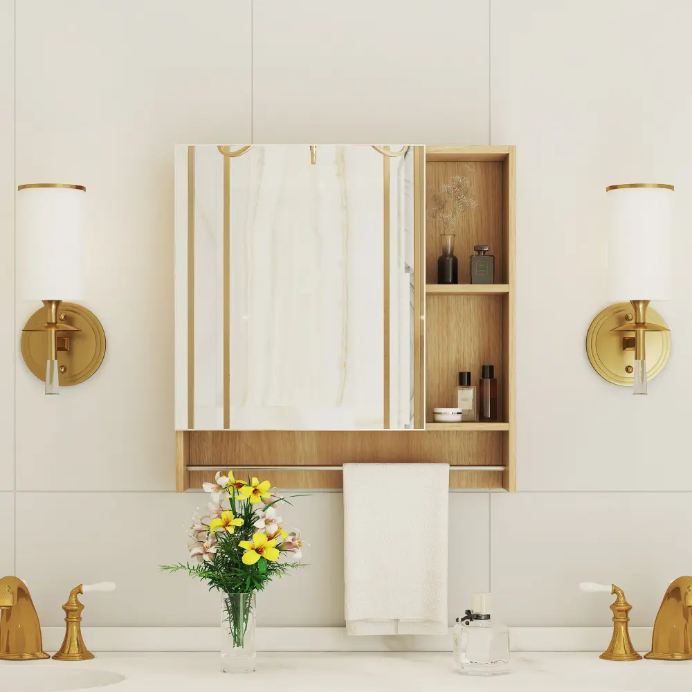 Stable Wall-Fixed MDF Wood Mirror Cabinet - Over-the-Toilet Bathroom Storage with 2 Open & 2 Hidden Compartments (4 Total), High-Definition Mirror, Towel Holder, Quiet Metal Hinges, Easy Assembly Guide, Space-Saving
