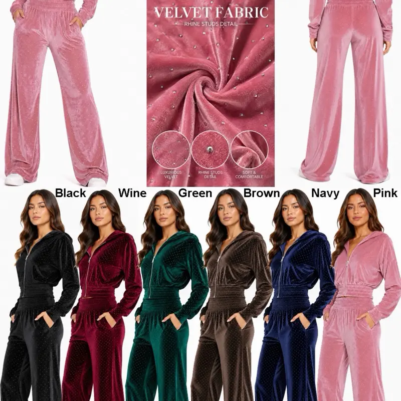 Lizie Lady's 2-Piece Fitted Rhinestone Velvet Stretchy Suit - Long Sleeve Trending Top & Basic Minimalist Bottom, Comfortable Everyday Casual Wear Style