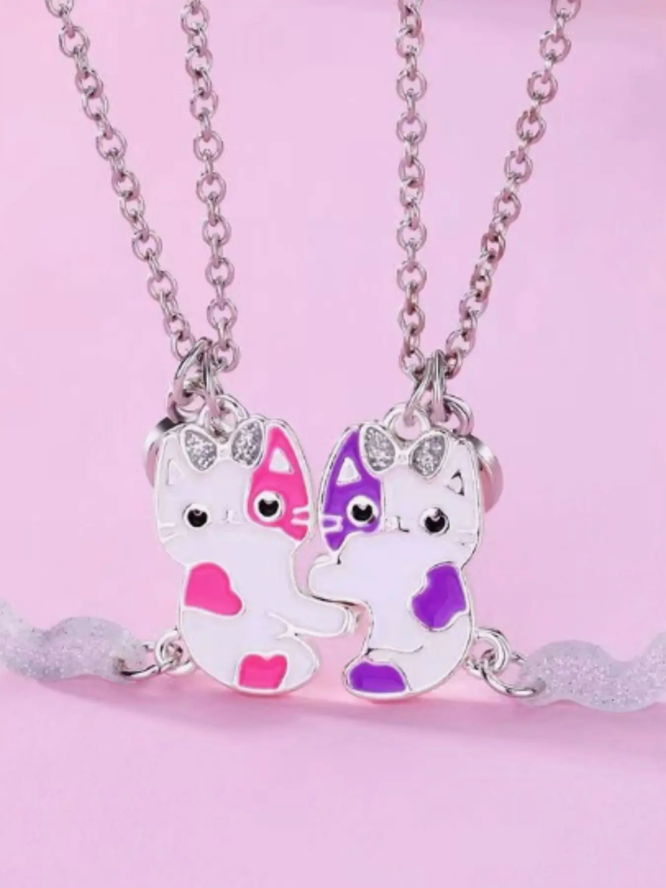 European and American Style Cartoon Magnetic Cat Couple Necklace, Creative Pendant Jewelry Set, Cute Animal Design Locket Chain