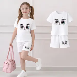 Girls' Cute Animal Cartoon Print Short-Sleeved T-Shirt And Shorts Set, Casual Children's Summer Clothing, Comfortable Round-Neck Outfit, Suitable For Everyday Wear And Outdoor Play.