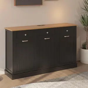 30 Gallon Triple Tilt Out Trash Cabinet, White/Black Wooden Kitchen Storage Cabinet with US Standard Power Outlets, 3 Drawers & Pet-Safe Design