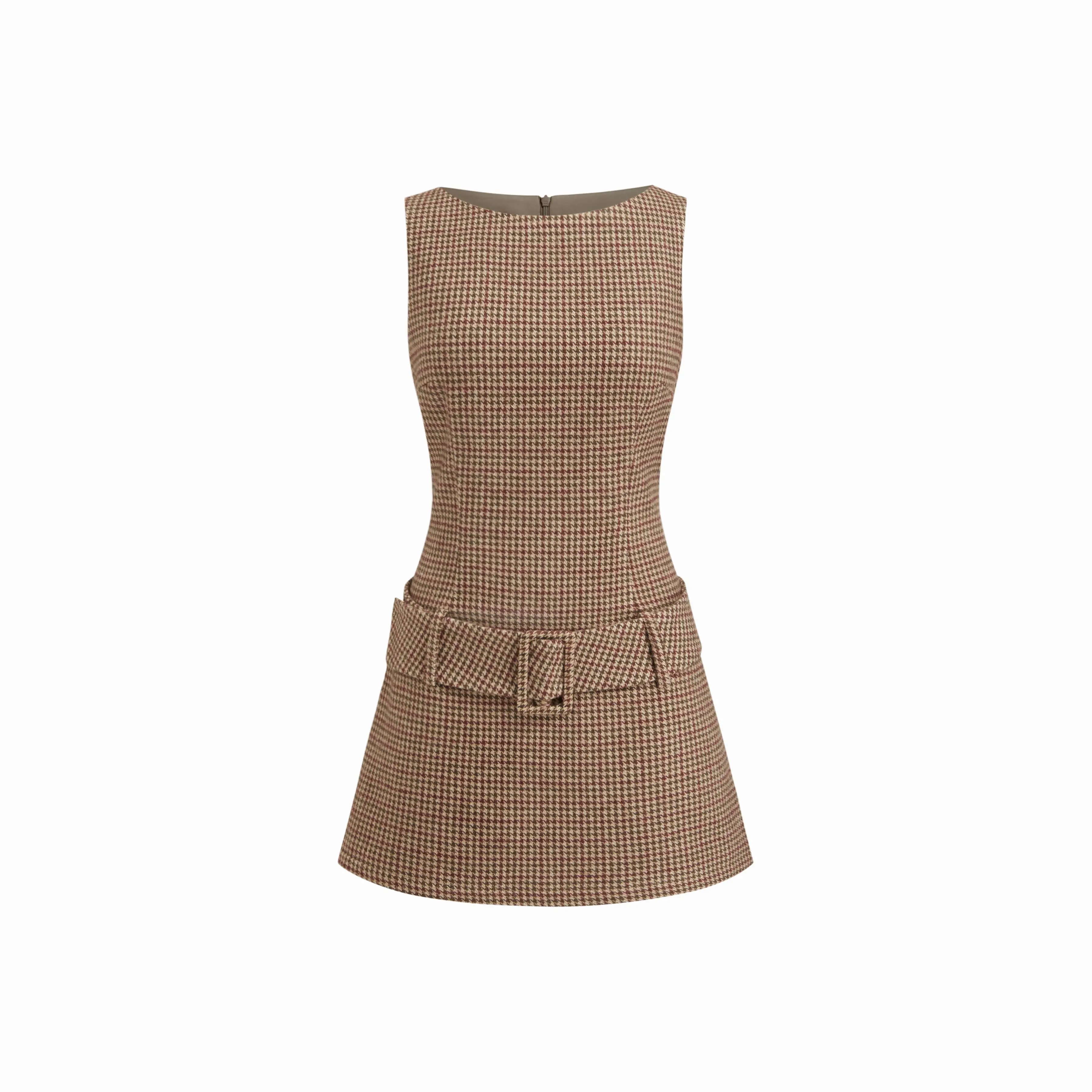 Cider Boat Neck Houndstooth Belted Mini Dress SohoChic