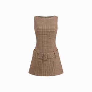 Cider Boat Neck Houndstooth Belted Mini Dress Dealsforyou