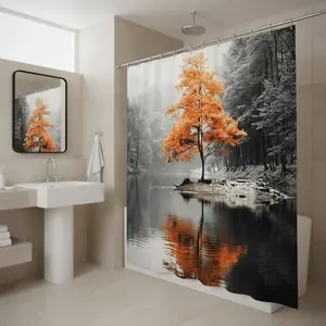 1pc Lonely Tree Bath Curtain, Minimalist Artistic Landscape, Soft Polyester, High Clarity Digital Print, Home Hotel Bathroom Decor