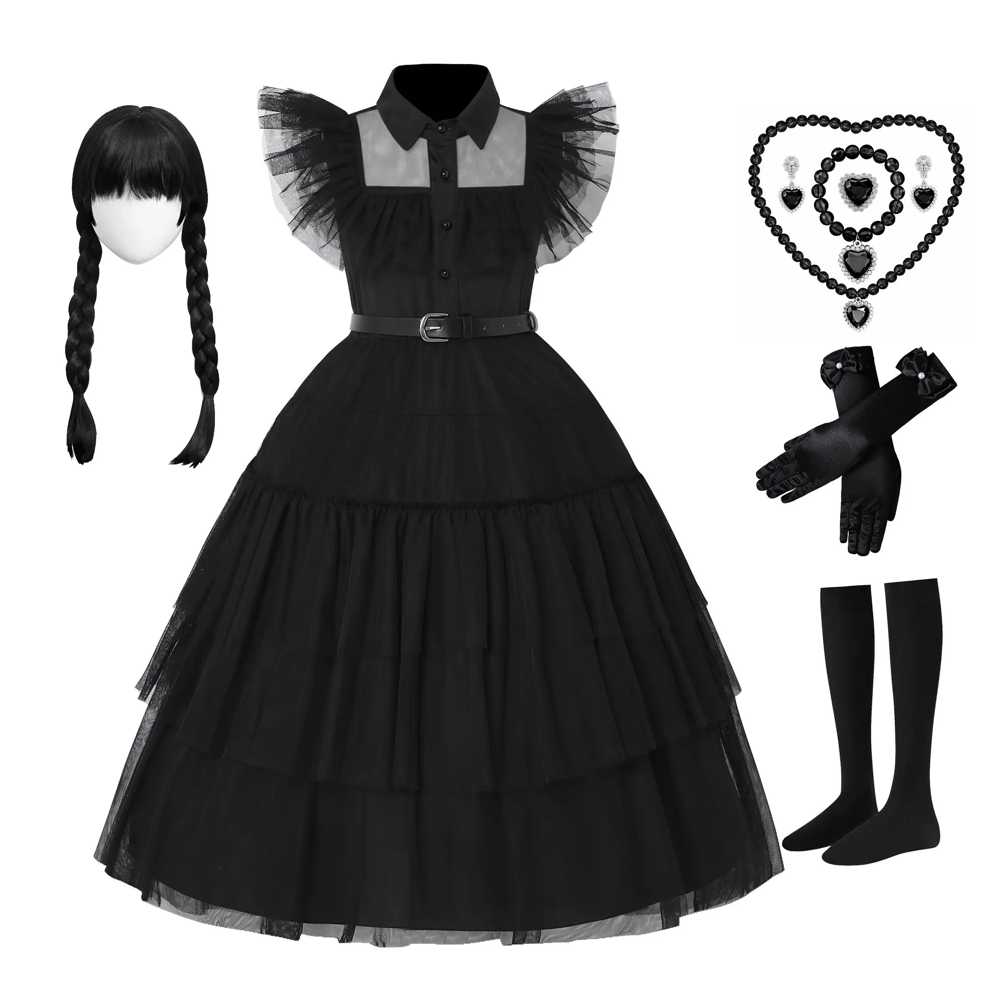 Girls Black Dress Kids Movie Halloween Cosplay Costume Carnival Party Dance Dress Up with Wig Necklace Set Belt Gloves Socks