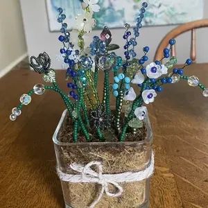 Beaded Flowers in Glass Vase Handmade with Colorful Beads and Decorative Butterflies