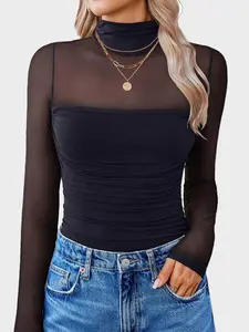 Sheer Mesh Patchwork High Neck Long Sleeve Top