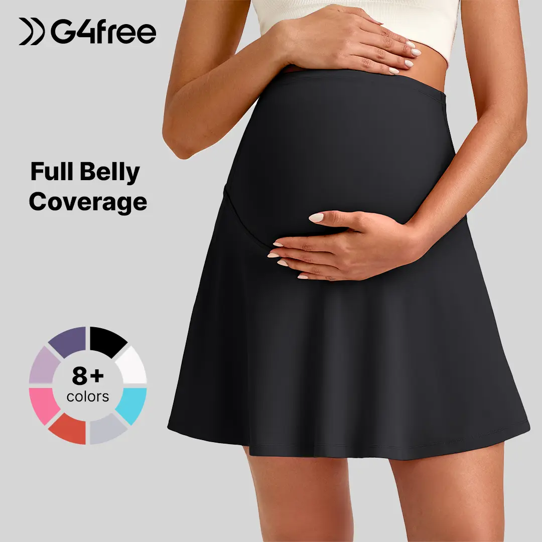 G4Free BareFeel Maternity Breathable Skorts - Over-The-Belly Stretchy Yoga Skirts with 1 Pocket, Inner Shorts, Athletic Skirts for Pregnancy Workout, Tennis, Golf