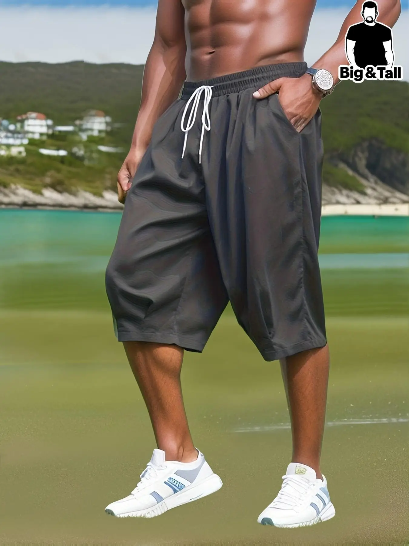 【Plus Size】 Men's Plain Pocket Drawstring Waist Capri Pants, Relaxed Fit Fabric Fashion Casual Cargo Trousers for Summer, Men's Athletic Bottoms for D