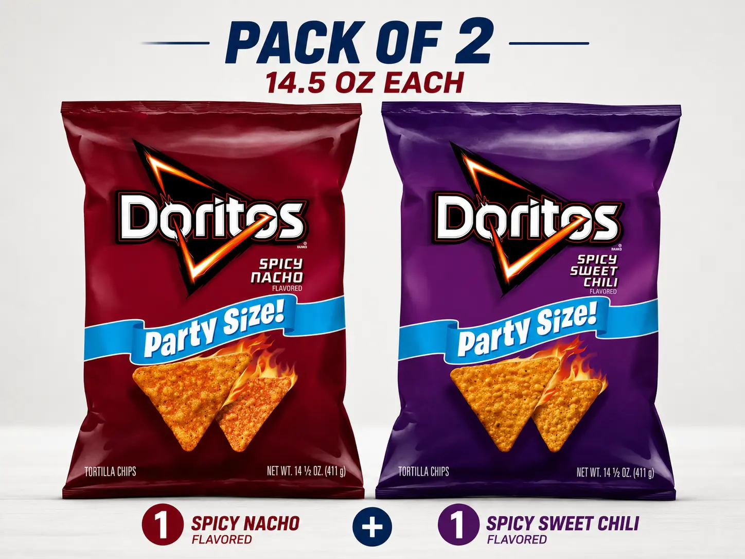 Doritos Party Size Bundle Pack, Spicy Nacho & Spicy Sweet Chili Tortilla Chips, 14.5 oz Each, Pack of 2 Cheese Crispy Crunchy Snack