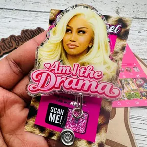 Funny Am I The Drama Sparkly Retractable Badge Reel Cute Meme Acrylic ID Holder For Registered Nurse RN CNA Medical Work Accessory