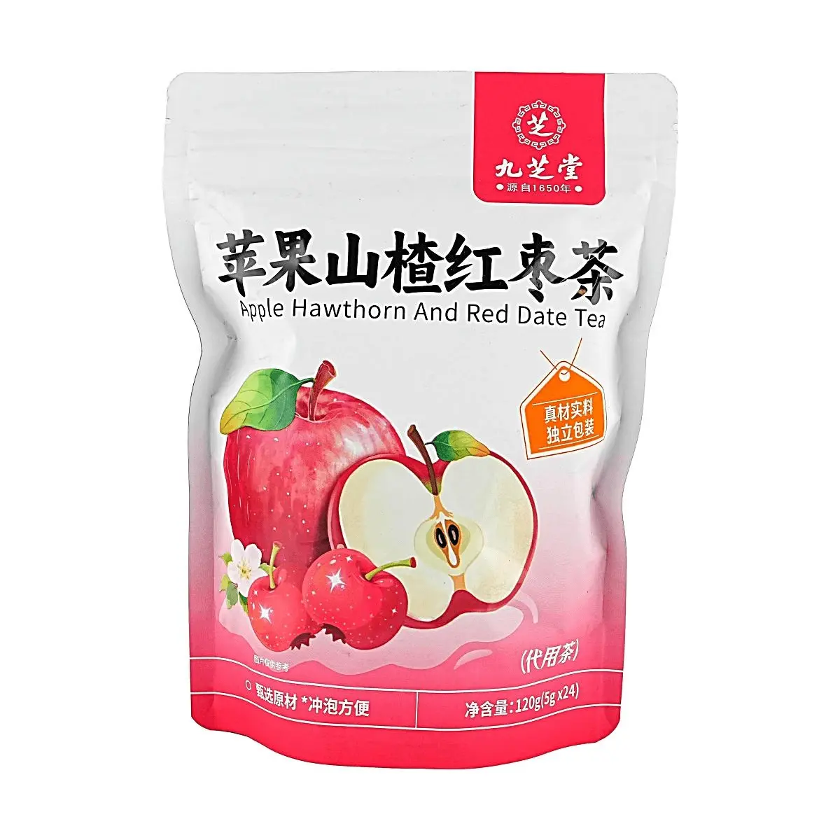 JIUZHITANG Apple Hawthorn Jujube Tea Bags - 24 Count (5g Each) - Healthy Herbal Infusion for Wellness & Digestion - Convenient Brew - 120g
