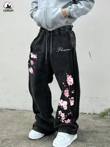 Y2K Unisex, Vintage Spring Summer cherry blossom pattern and "Flower" letter print Y2K Harajuku street style loose cotton wide-leg pants, Japanese floral aesthetics, suitable for streetwear, Y2K fashion, men's gifts, couple outfits