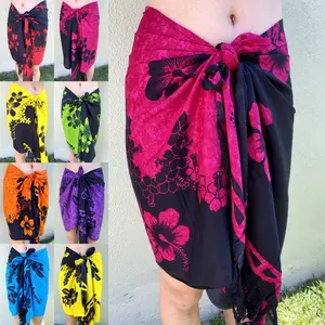 Hawaiian Design Hibiscus / Plumeria Pareo Wrap Black Half Cut Sarong Skirt Wrap