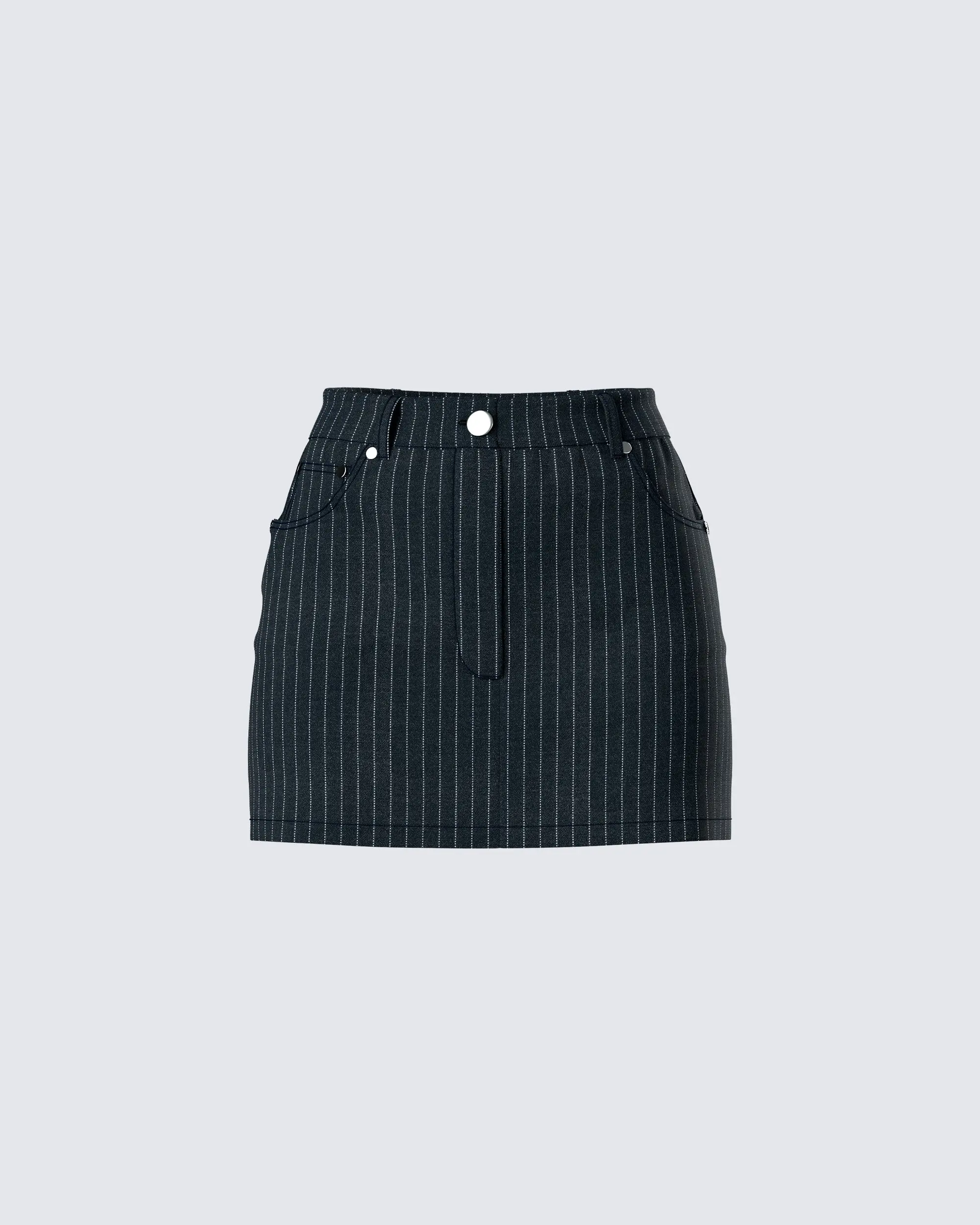 Women's High-Rise Thin Fitted Pinstripe 5-Pocket Mini Skirt - Black Polyester Viscose, Button-Closure Going-Out Bottoms