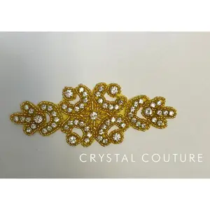 Gold Crystal Beaded Applique - Yellow Backing