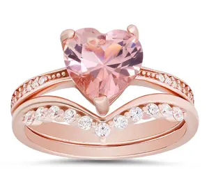 Diamonique Rosetone Pink Heart Stackable Ring Set, Sterling