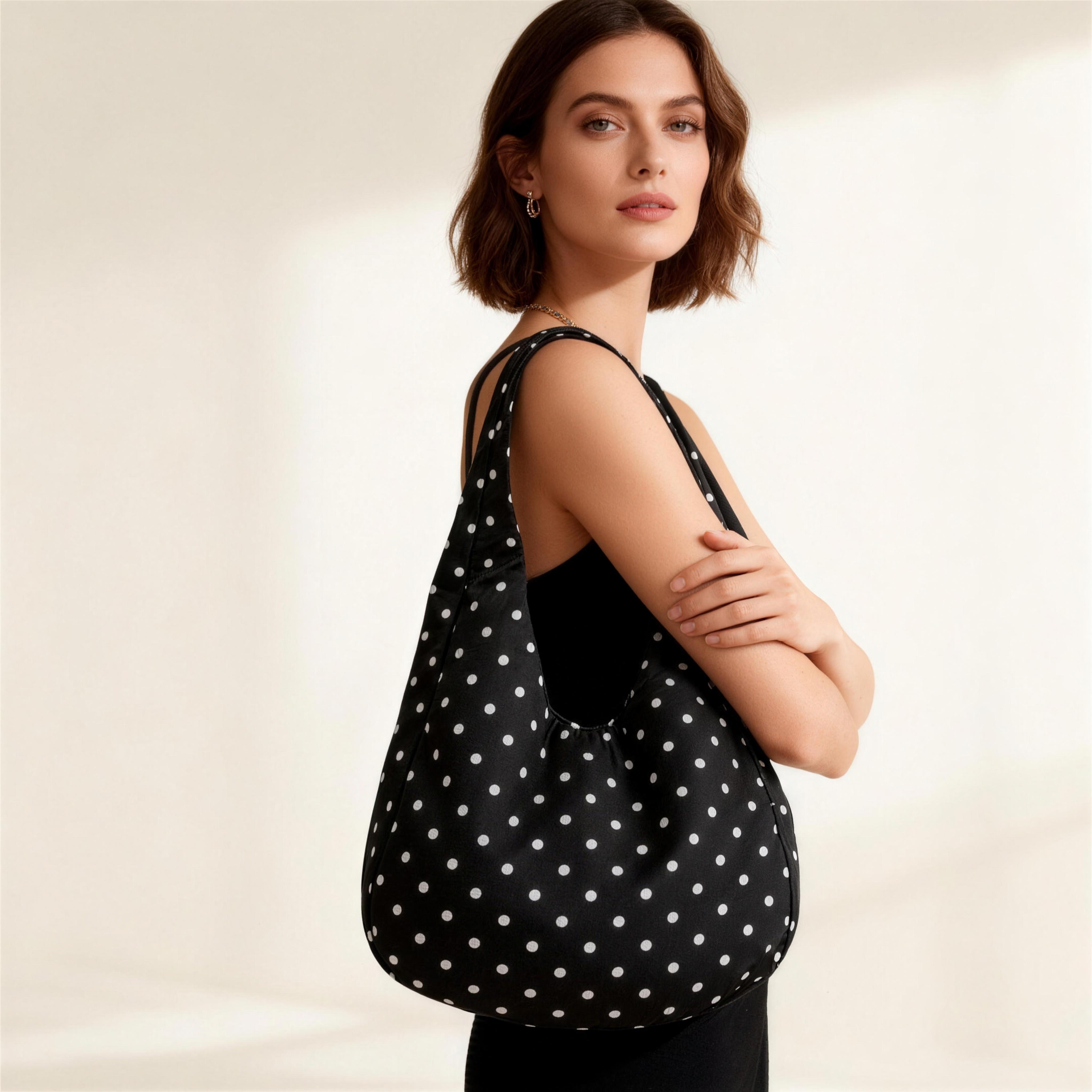Women's Polka Dot Dumpling Bag, Casual Lightweight Nylon Design, Perfect Everyday Hobo Purse, Retro Crescent Bag