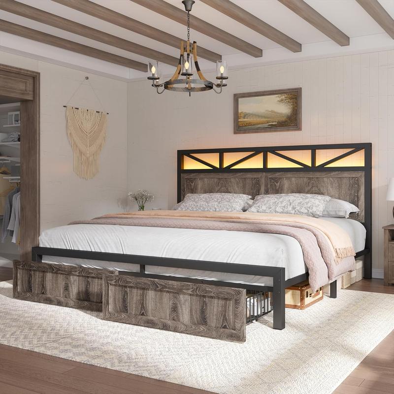 Raybee LED Bed Frame with Charging Station & 2 Drawers, No Mattress, Farm Style Full Queen King Size Bedframe with Headboard & 2 Wooden Drawers, Noise Free, Holds 900lbs, No Box Spring Needed