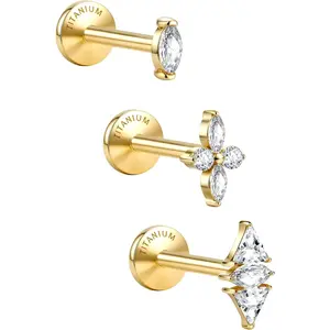 G23 Implant Grade Titanium 18G Internally Threaded Flat Back Earrings 5A CZ Studs 14K Gold Hypoallergenic 3 Pcs Tragus Cartilage Conch Helix Piercing Jewelry for Sensitive Ears Women Men