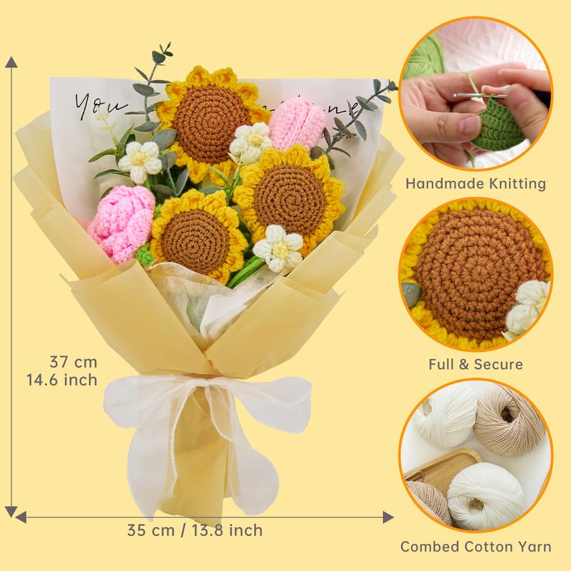 Crochet Flowers Bouquet with Sunflowers, Pink Rose & Tulip, Knitted Flower Gifts for Birthday, Home Decorations, Friend, Graduation
