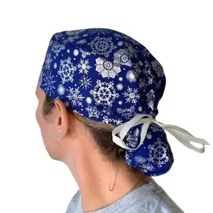 Blue silver snowflake Christmas Hanukkah Ponytail Surgical OR Scrub Cap Hat Women's 100% Cotton Eco-Friendly Reusable Cinch Ribbon Tie Back