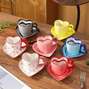 Heart Shaped Coffee Cup & Saucer Set, Creative Ceramic Coffee Cup & Saucer, Drinking Supplies for Home Office Use, Stylish Drinkware