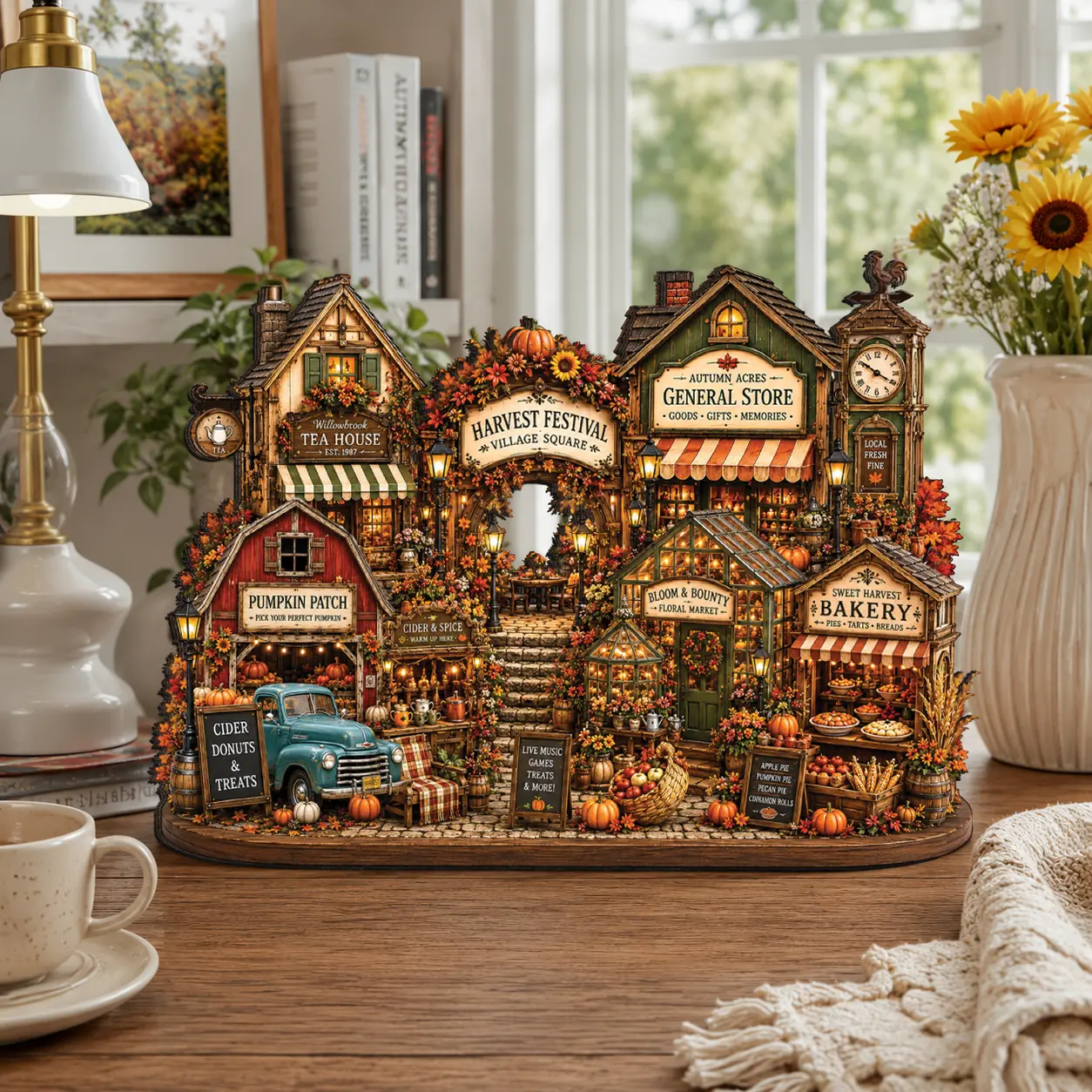 2D Wooden Autumn Harvest Village Decor, Fall Pumpkin Patch Town Scene, Farmhouse Shelf Tabletop Decoration, Cozy Thanksgiving Home Decor Gift, Vintage Home Decor, Fall Decor 2026