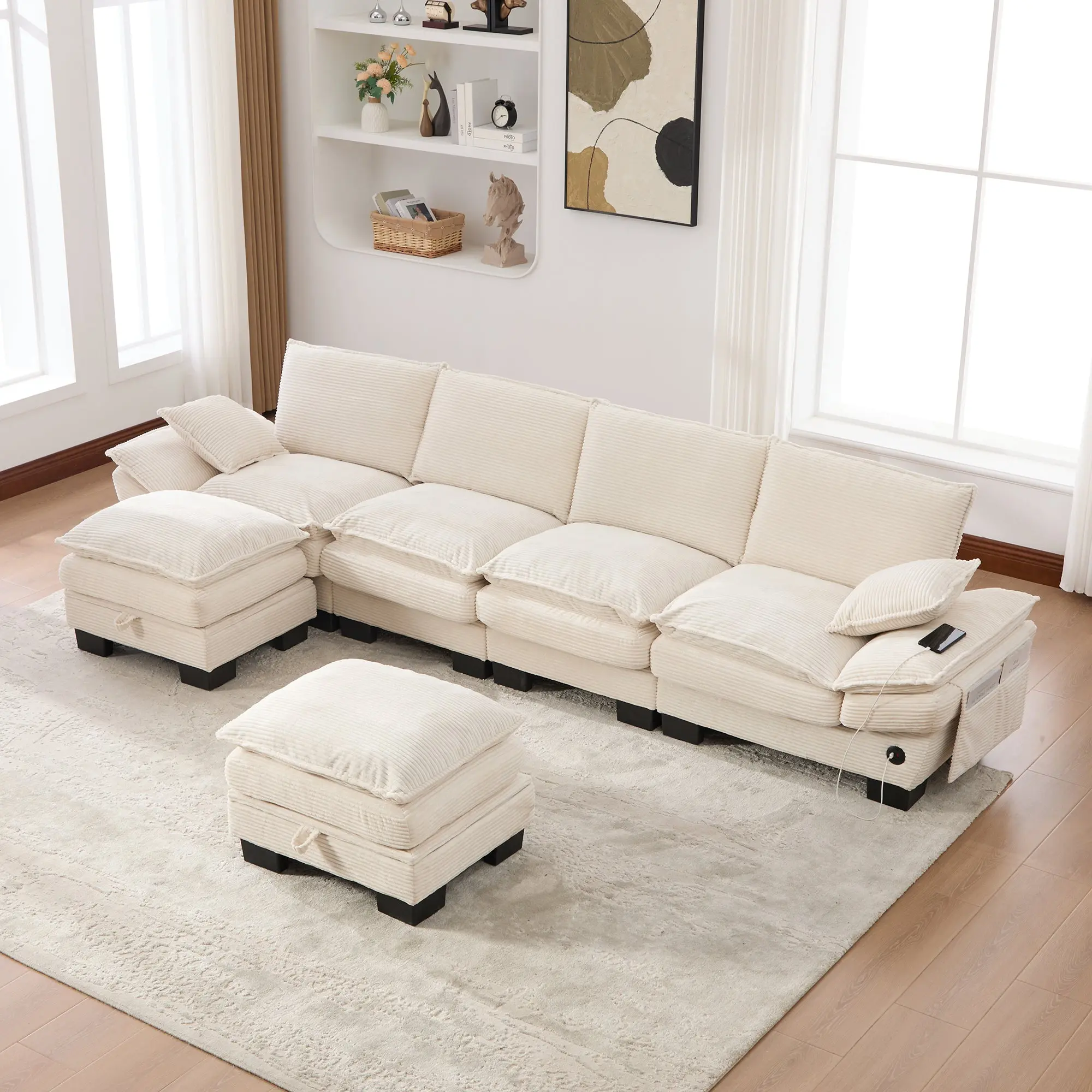 Beige Modular Cloud Corduroy Sectional Sofa with Storage Ottoman & USB Ports