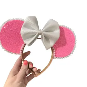 Pink Minnie Park Ears with Floral Accents, Pearls, and Gold Accents -