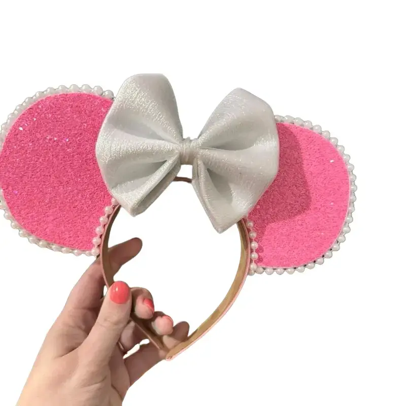 Pink Minnie Park Ears with Floral Accents, Pearls, and Gold Accents -