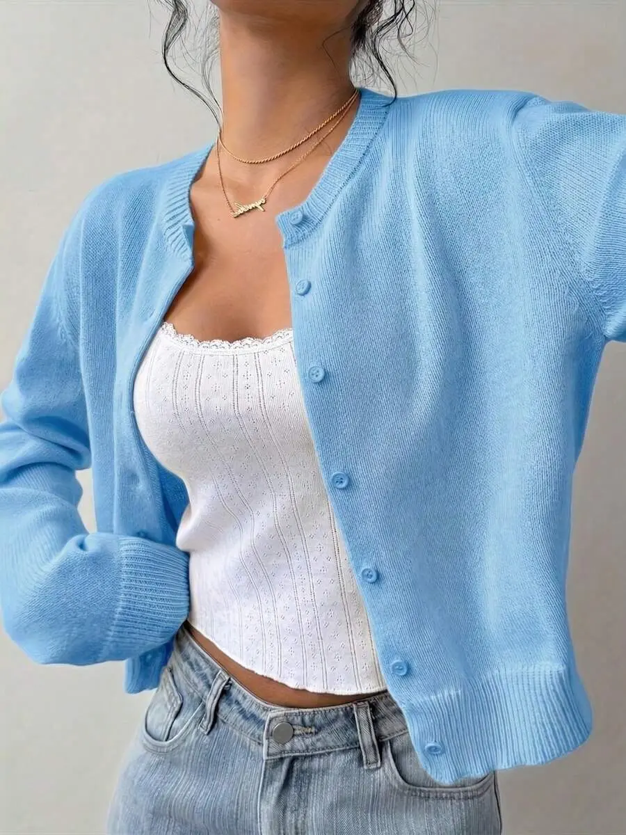 GRL Pastel Blue Breathable Summer Knit Cardigan Lightweight Long Sleeve Crewneck Sweater Thin Sunscreen Cover Up For Daily Wear
