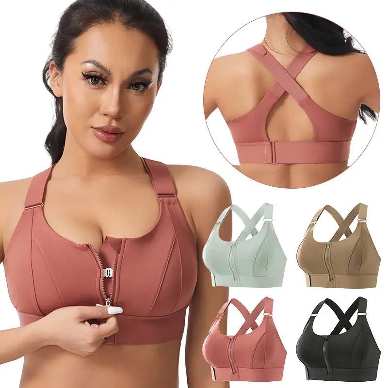 Women's High Support Adjustable Front Zipper & Hook-and-Loop Sports Bra, Shockproof S-5XL Gym Top for Running, Yoga, Fitness