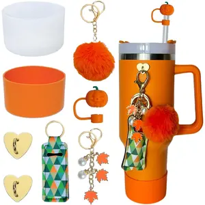 Accessories for  Cup 40oz,2  Boots for  Tumbler,1 Straw Cover Topper,2 Charms Hooks,1 Lipstick Holder Bag,1 Pompom Ball,1 Cute  Charms (Orange,No Bottle)