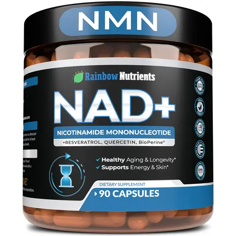 Rainbow Nutrients; NAD+ Supplement: Nicotinamide Mononucleotide, Resveratrol, Quercetin & BioPerine (High Absorption)- Liposomal NAD Booster for Anti-Aging, Cellular Energy, Skin- For Women & Men- 90 Capsules