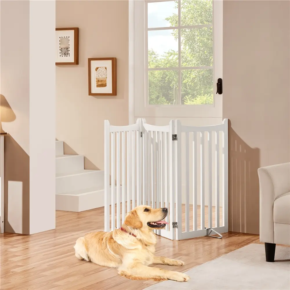 Costoffs 36" Tall Three-Panel Freestanding Pet Gate, Foldable Wooden Dog Fence with Support Feet & Built-in Door, for Stairs & Hallways
