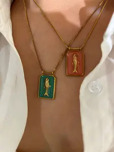 Fashion Simple Enamel Goldfish Tarot Pendant Necklace for Women, High Quality Stainless Steel Jewelry, Elegant Ladies' Accessory, Jewelry Gift