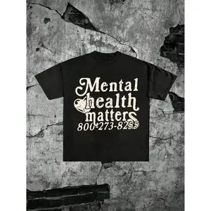 FEEGO Men's Pure Cotton Short-Sleeve T-Shirt, Breathable Knit Round Neck Top with "Mental Health Matters" Printed Slogan, Casual Menswear for Summer, Streetwear Use,summervibes  Shortsleeve Tshirt crewneck graphic tee