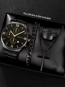 4-Piece Men's Business Quartz Watch Set - Retro Black Cross Pendant Necklace, Bracelet, and Ring - Men's Gifts