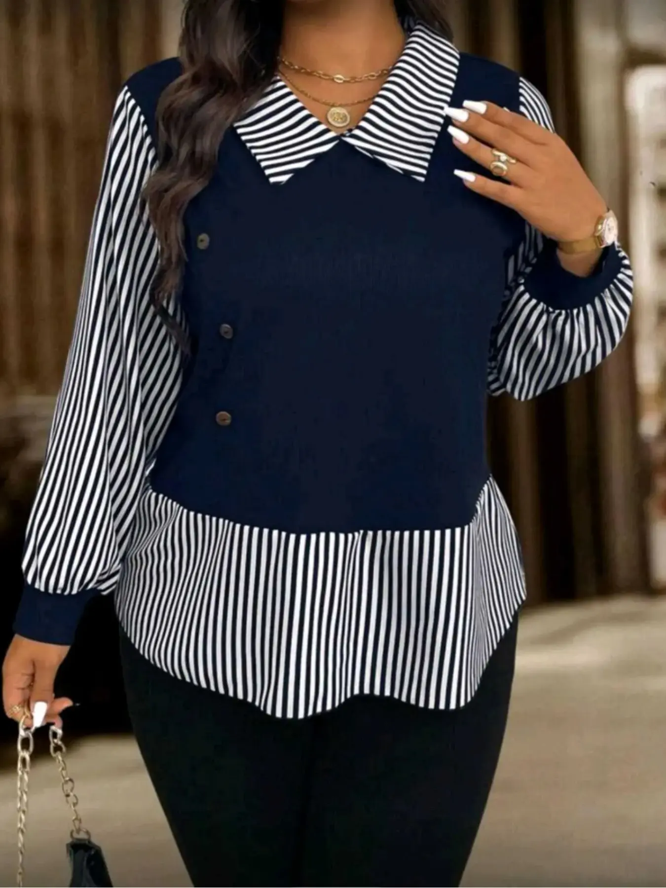 Eamory Ross Women's Plus Size Casual Striped Patchwork Shirt Blouse, Fashion Daily Top, Comfortable Fit, Multifunctional Stylish Item
