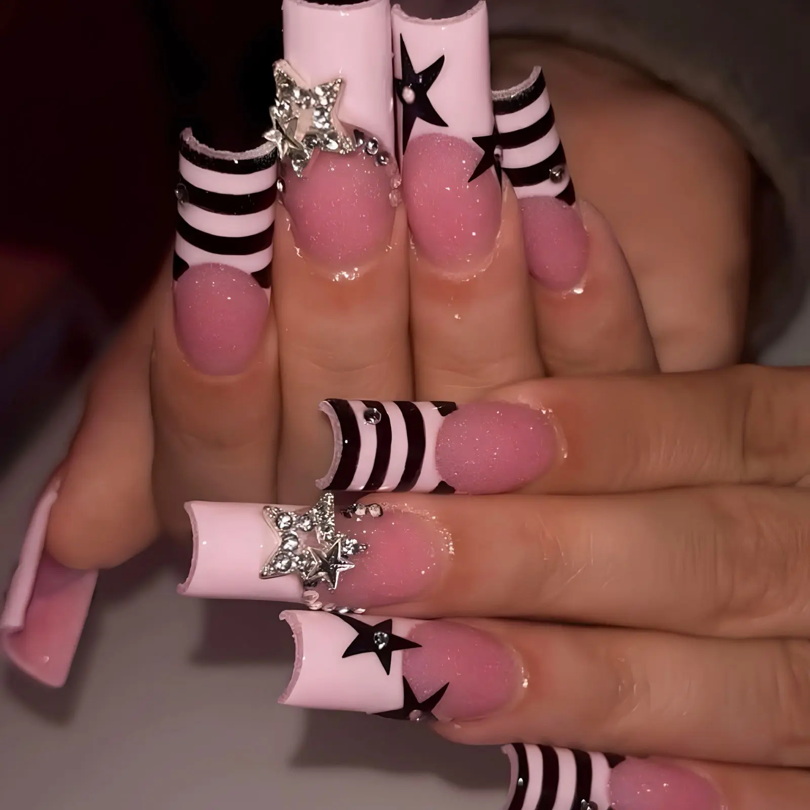 Pink Y2K Star Press On Nails | Black Stripe French Tip Nails | Cute Coquette Glitter Nails with 3D Star Charm