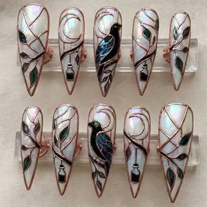 Gothic Raven Stained Glass Press On Nails, Rose Gold 3D Art, Dark Fantasy Gothic Nail Design, Handmade Luxury Press Ons, Witchy Aesthetic Nails for Halloween, Party, Statement Look, Unique Gift for Her