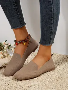 Women's Breathable Knit Slip-On Flats, Comfortable Square Toe Casual Shoes Ballet Flats, Elegant Ladies Footwear for Daily Wear