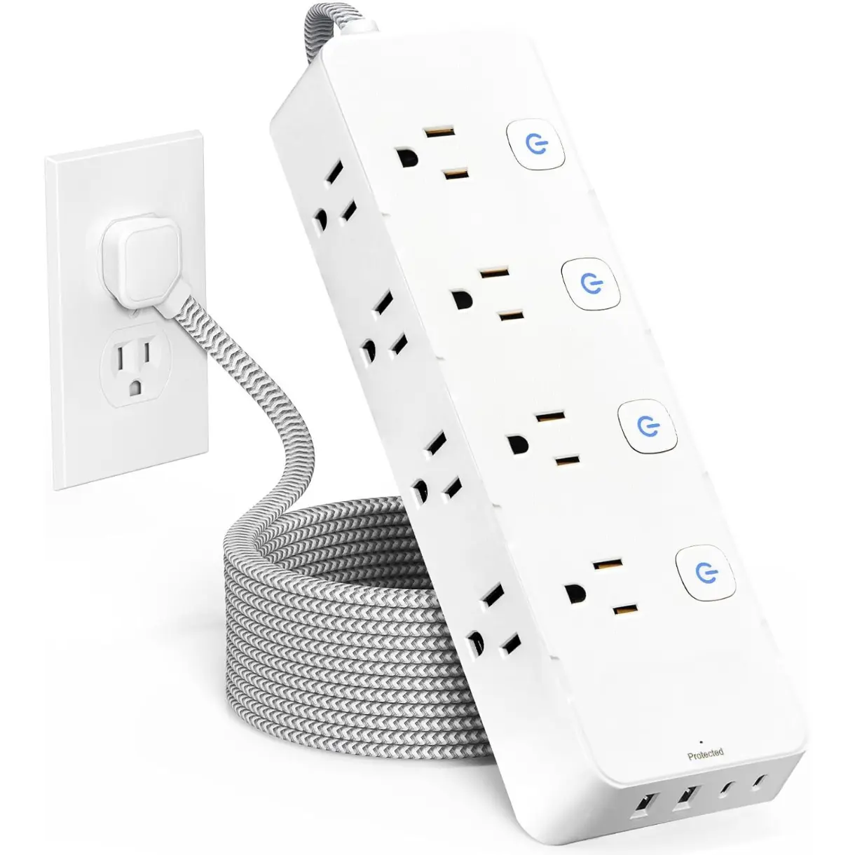 10 Ft Surge Protector Power Strip - 8 Widely AC Outlet 4 USB Ports(2 USB C), Flat Plug Extension Cord with Multiple Outlets, Individual Switches, Desk Extender for Dorm, Home, Office Essentials, 1400J